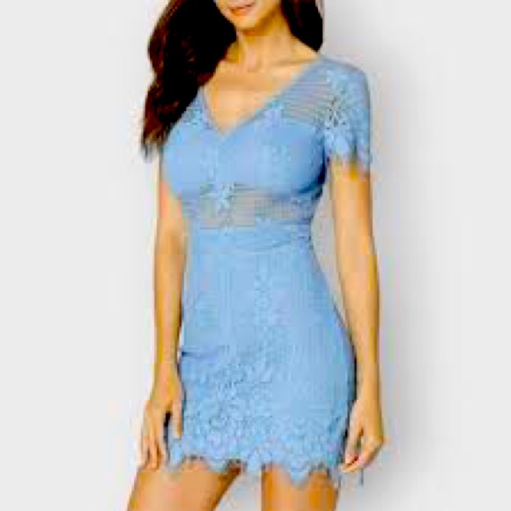 Bebe Tory Lace Fringe dress in baby blue. Size 12